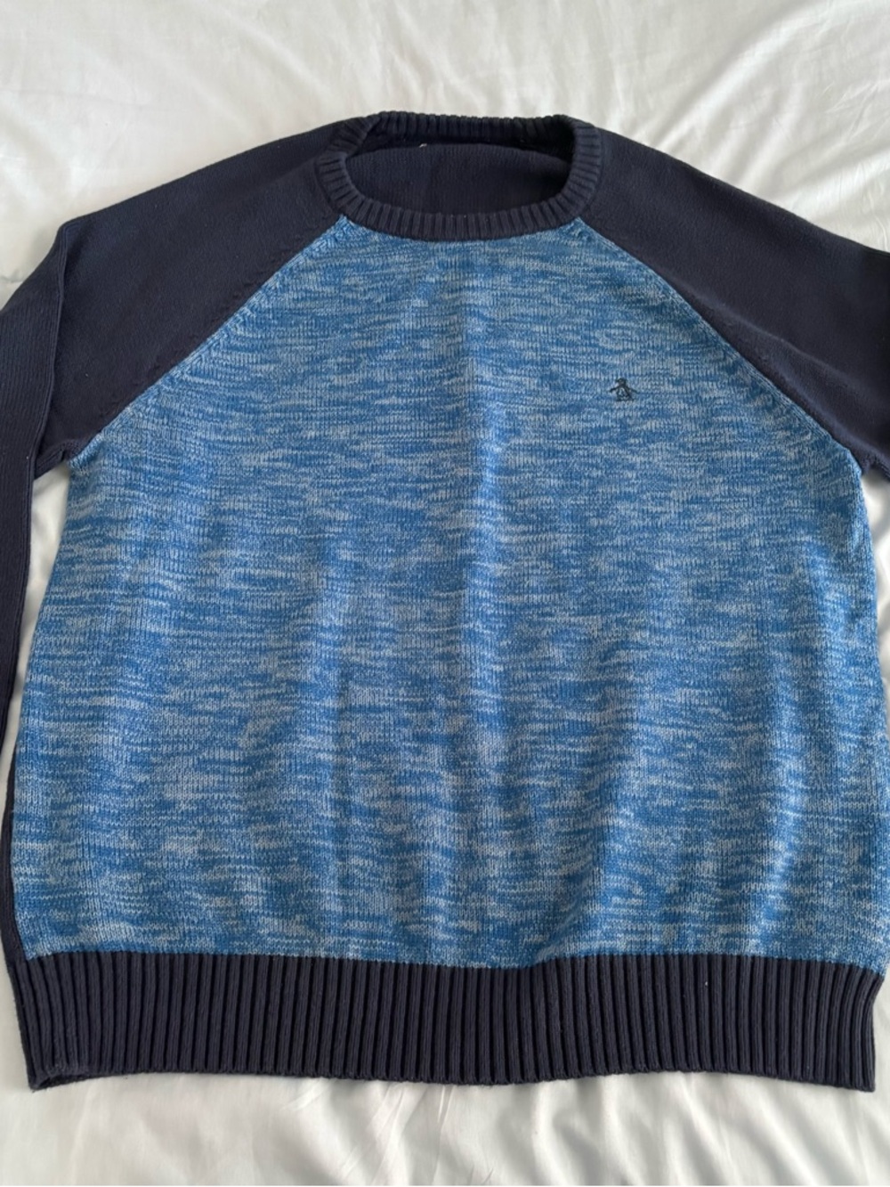 Men's Crewneck Marled Blue Sweater with Navy Raglan Sleeves
